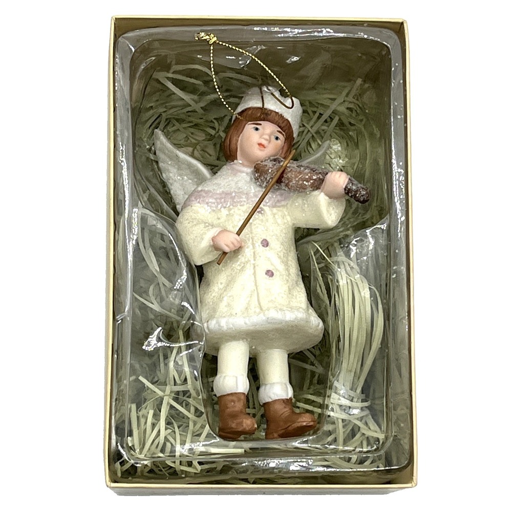 Vintage Costco Porcelain Snow Angel Wings Christmas Victorian Violin Ornament 5"